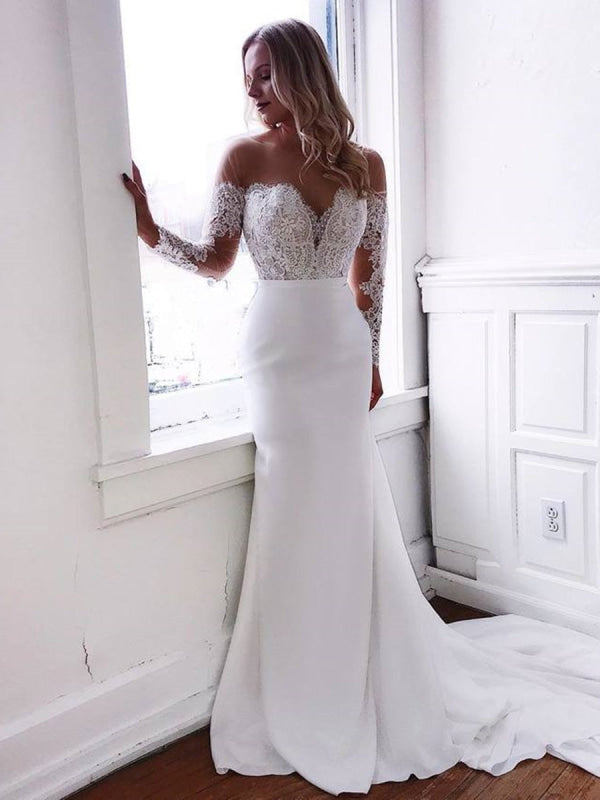 Round Neck Mermaid Lace Wedding Dress with Train with Sleeves
