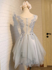 Cou rond à coudes courtes robes de bal en dentelle grise, robes de retour à la maison courtes en dentelle grise