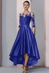 3/4 Sleeves Satin Hi-Lo Mother of-Bride Dress with Appliques