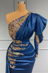 Royal Blue Asymmetric One Shoulder Stretch Satin Evening Prom -jurken met appliques