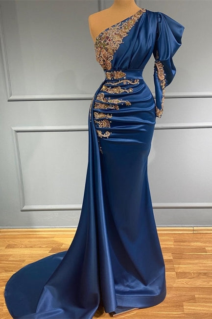 Royal Blue Asymmetric One Shoulder Stretch Satin Evening Prom -jurken met appliques