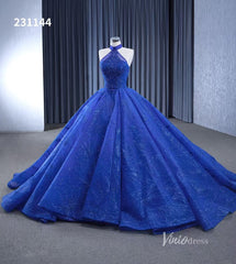 Royal Blue Beaded Lace Wedding Gown Halter Neck Quinceanera Dress 231144
