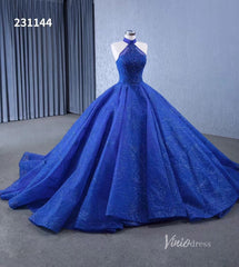 Royal Blue Beaded Lace Wedding Gown Halter Neck Quinceanera Dress 231144