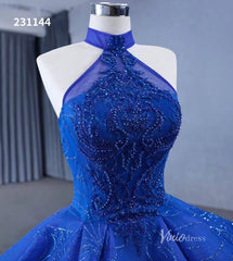 Royal Blue Beaded Lace Wedding Gown Halter Neck Quinceanera Dress 231144