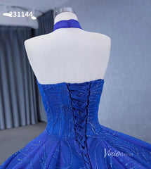 Royal Blue Beaded Lace Wedding Gown Halter Neck Quinceanera Dress 231144