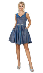 Metallic Glitter Short Prom Dress with Pockets