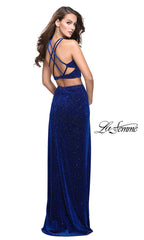 Long Beaded Velvet Two-Piece Prom Dress