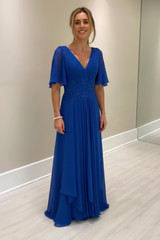 Elegant Half Sleeves V-neck Aline Wedding Guest Dress Chiffon Mother of the Bride Dress