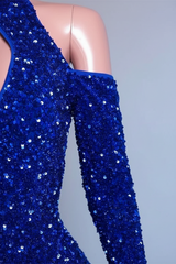 Royal Blue Long Sleeve Sequins Mermaid Prom Dress with High Neck