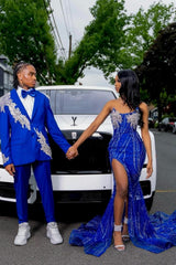 Royal Blue Modern Strapless Side Slit Appliques Prom Dress with Beadings