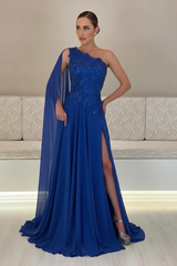 One-Shoulder Sleeveless Chiffon Evening Dresses Long with Side Slit