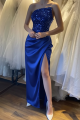 Glamorous Satin Black Prom Dress with Sequins Sleeveless High Slit Evening Dress