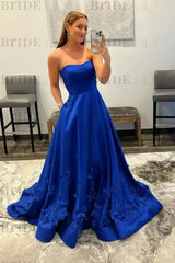 Strapless Light Blue Satin Prom Dresses 3D Flowers A-line Evening Dresses with Pocket