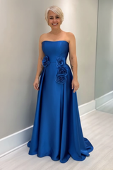 Dusty Blue Satin Mother of the Bride Dress Strapless with Flowers