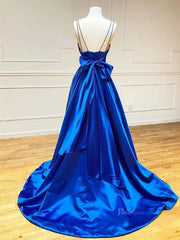 Royal Blue Satin Prom Dresses with Spaghetti Strap, Sweetheart Neckline & Bow Back - FD5282