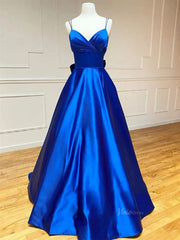 Royal Blue Satin Prom Dresses with Spaghetti Strap, Sweetheart Neckline & Bow Back - FD5282