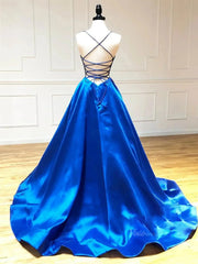 Royal Blue Satin Prom Dresses with Spaghetti Strap & Sweetheart Neckline - FD5281