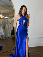 Royal Blue Satin Sheath Prom Dresses with Slit, Halter Neck & Crossed Bodice - FD6041