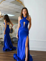 Royal Blue Satin Sheath Prom Dresses with Slit, Halter Neck & Crossed Bodice - FD6041