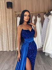 Royal Blue Sequin Mermaid Prom Dresses 2025 with Slit, Sweetheart Neck & Satin Overskirt – FD5212
