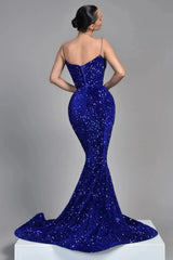Royal Blue Sequin Mermaid Prom Dresses 2025 with Spaghetti Strap & Lace Up Back – FD5061
