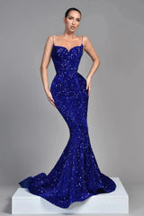Royal Blue Sequin Mermaid Prom Dresses 2025 with Spaghetti Strap & Lace Up Back – FD5061