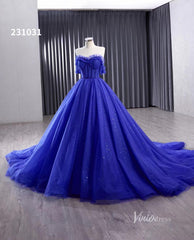 Royal Blue Sparkly Tulle Wedding Gown Off the Shoulder Quinceanera Dress 231031