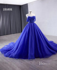 Royal Blue Sparkly Tulle Wedding Gown Off the Shoulder Quinceanera Dress 231031