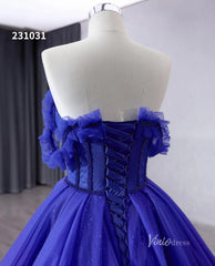 Royal Blue Sparkly Tulle Wedding Gown Off the Shoulder Quinceanera Dress 231031