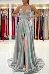 Royal Blue V-Neck Prom Dress Sleeveless With Slit