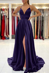Royal Blue V-Neck Prom Dress Sleeveless With Slit