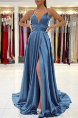 Royal Blue V-Neck Prom Dress Sleeveless With Slit