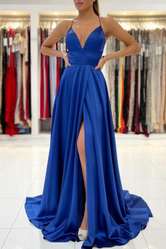 Royal Blue V-Neck Prom Dress Sleeveless With Slit