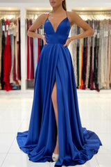 Royal Blue V-Neck Prom Dress Sleeveless With Slit