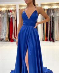 Royal Blue V-Neck Prom Dress Sleeveless With Slit