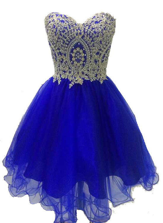 Royal Blue Tulle with Gold Applique, Short Prom Dress, Blue Homecoming Dresses