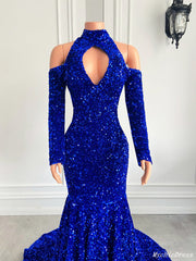 Gorgeous High Neck Long Sleeve Royal Blue Prom Dresses Sequins Party Dress