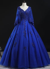 Royal Blue Ball Gown Lace Applique Quinceanera Dresses, Tulle Floor Length Sweet 16 Dresses