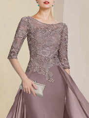 Sheath / Column Mother of the Bride Dress Formal Wedding Guest Elegant Scoop Neck Floor Length Chiffon Lace Half Sleeve