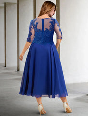 A-Line Plus Size Curve Mother of the Bride Dresses Elegant Dress Formal Tea Length Half Sleeve Jewel Neck Chiffon with Pleats Sequin Appliques