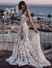 Aimishang Beach Sexy Boho Wedding Dresses Mermaid / Trumpet Sweetheart Regular Straps Court Train Lace Bridal Gowns With Appliques Summer Fall Wedding Party