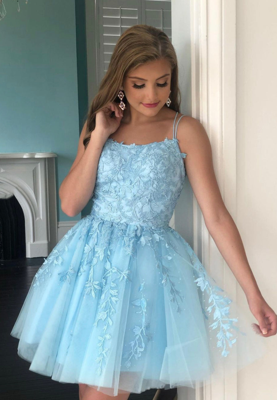 Short Blue Lace A-Line Prom Dresses, A-Line Homecoming Dresses