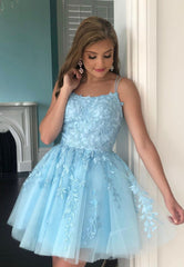 Short Blue Lace A-Line Prom Dresses, A-Line Homecoming Dresses