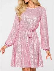 Women's Black Sequin Dress Party Dress Sparkly Dress Homecoming Dress Cocktail Dress Midi Dress Black Champagne Long Sleeve Sparkly Glitter Lace up Fall Winter Crew Neck Wedding Guest