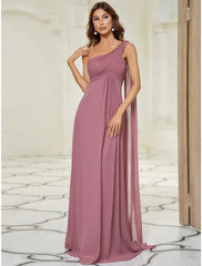 A-Line Evening Gown Empire Dress Wedding Guest Formal Evening Floor Length Sleeveless One Shoulder Bridesmaid Dress Chiffon Backless with Pleats Draping