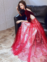 A-Line Evening Gown Glittering Dress Wedding Guest Party Wear Floor Length Half Sleeve Illusion Neck Velvet with Sequin Appliques