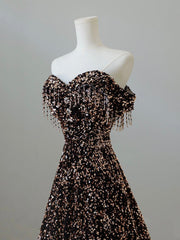Off Shoulder A-Line Coffee Gold Sequin Long Prom Dress, Coffee Gold Evening Dress