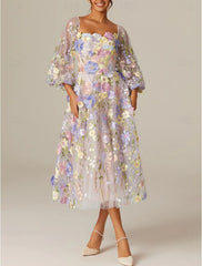 A-Line Prom Dresses Vintage Dress Valentine's Day Prom Tea Length Long Sleeve Square Neck Tulle with Appliques