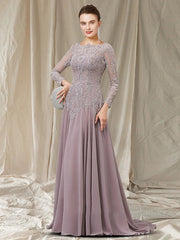 A-Line Mother of the Bride Dress Elegant Jewel Neck Sweep / Brush Train Chiffon Lace Long Sleeve with Pleats