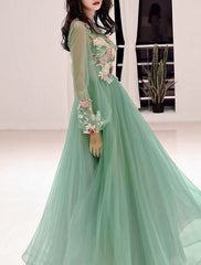 A-Line Prom Dresses Luxurious Dress Valentine's Day Wedding Guest Floor Length Long Sleeve Illusion Neck Tulle with Appliques